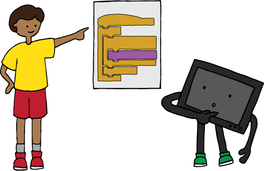 Cartoon kid showing scratch program to computer
