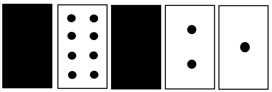 Three white binary cards are shown, one with eight dots, one with tow dots and one with one dot.