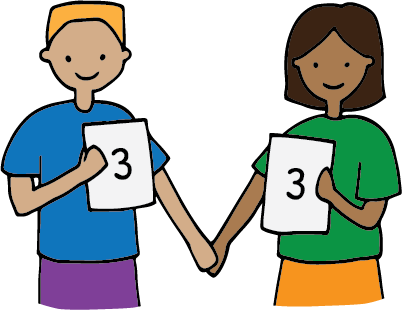 Two people each holding up a card with the number 3 on it.