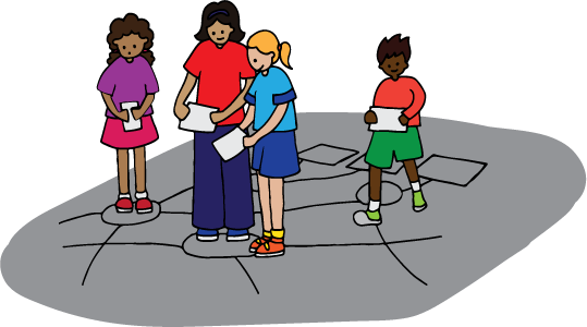 A group of children sort items on a Sorting Network drawn on concrete.