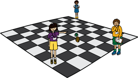 Students standing around a large checkerboard grid.